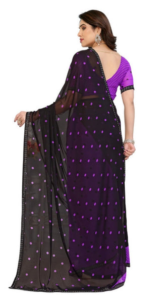 Mayawye Women's Georgette Printed Saree With Unstitched Blouse 5.5Mtr (Black-Purple)