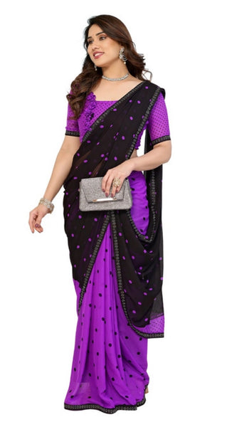 Mayawye Women's Georgette Printed Saree With Unstitched Blouse 5.5Mtr (Black-Purple)