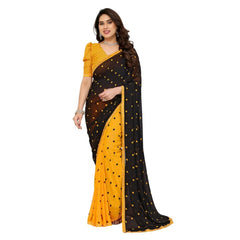 Mayawye Women's Georgette Printed Saree With Unstitched Blouse 5.5Mtr (Black-Yellow)