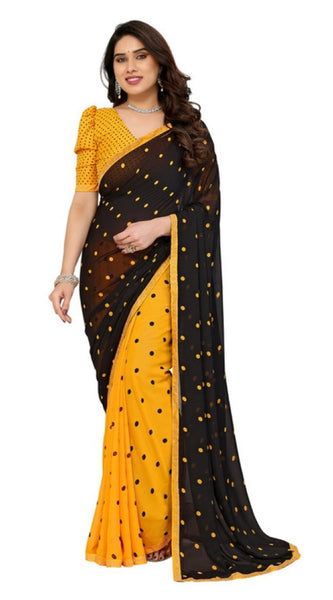 Mayawye Women's Georgette Printed Saree With Unstitched Blouse 5.5Mtr (Black-Yellow)