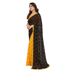 Mayawye Women's Georgette Printed Saree With Unstitched Blouse 5.5Mtr (Black-Yellow)