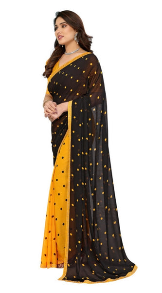 Mayawye Women's Georgette Printed Saree With Unstitched Blouse 5.5Mtr (Black-Yellow)