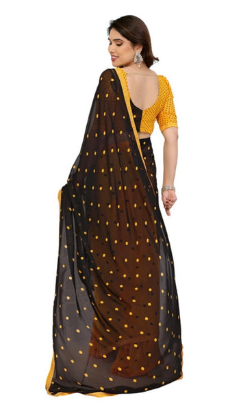 Mayawye Women's Georgette Printed Saree With Unstitched Blouse 5.5Mtr (Black-Yellow)