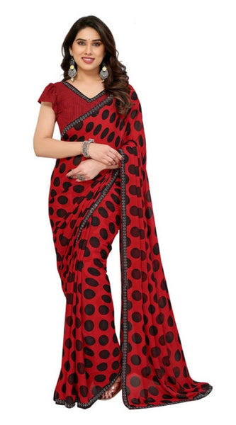 Mayawye Women's Georgette Printed Saree With Unstitched Blouse 5.5Mtr (Red)