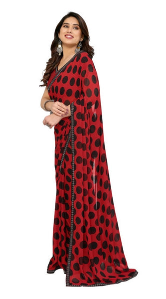 Mayawye Women's Georgette Printed Saree With Unstitched Blouse 5.5Mtr (Red)