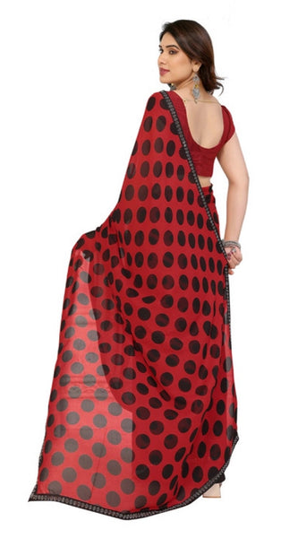 Mayawye Women's Georgette Printed Saree With Unstitched Blouse 5.5Mtr (Red)