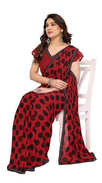 Mayawye Women's Georgette Printed Saree With Unstitched Blouse 5.5Mtr (Red)