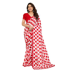 Mayawye Women's Georgette Printed Saree With Unstitched Blouse 5.5Mtr (Red-White)