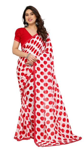 Mayawye Women's Georgette Printed Saree With Unstitched Blouse 5.5Mtr (Red-White)