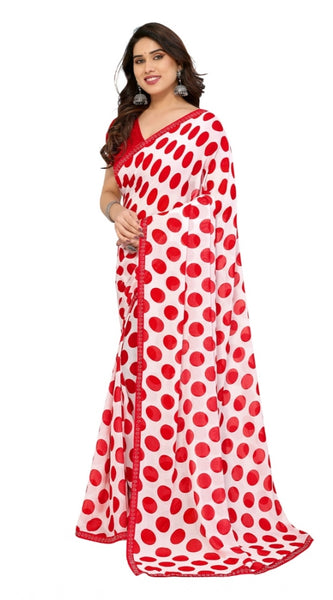 Mayawye Women's Georgette Printed Saree With Unstitched Blouse 5.5Mtr (Red-White)