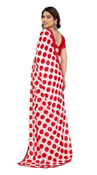 Mayawye Women's Georgette Printed Saree With Unstitched Blouse 5.5Mtr (Red-White)
