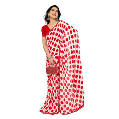 Mayawye Women's Georgette Printed Saree With Unstitched Blouse 5.5Mtr (Red-White)