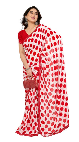 Mayawye Women's Georgette Printed Saree With Unstitched Blouse 5.5Mtr (Red-White)