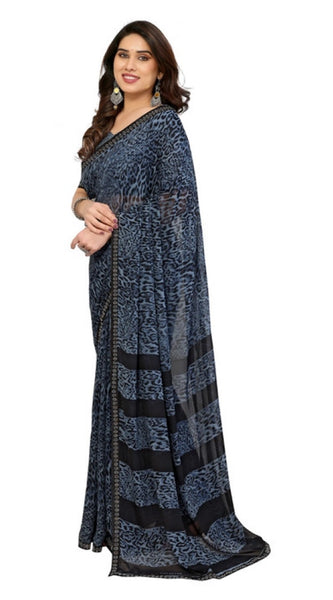 Mayawye Women's Georgette Printed Saree With Unstitched Blouse 5.5Mtr (Grey)