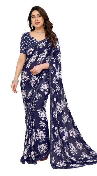 Mayawye Women's Georgette Printed Saree With Unstitched Blouse 5.5Mtr (Navy Blue)