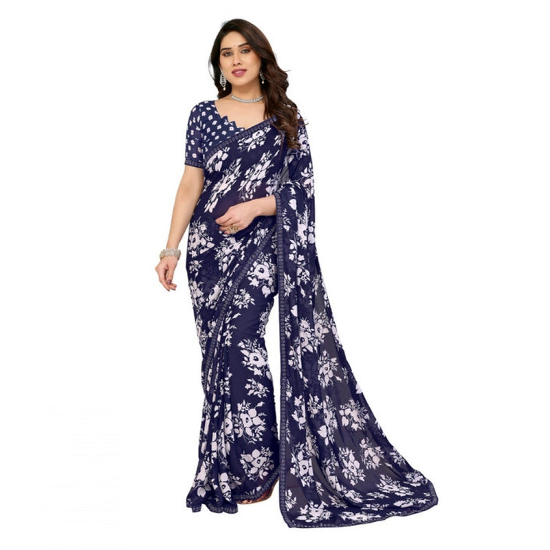 Mayawye Women's Georgette Printed Saree With Unstitched Blouse 5.5Mtr (Navy Blue)