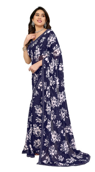 Mayawye Women's Georgette Printed Saree With Unstitched Blouse 5.5Mtr (Navy Blue)