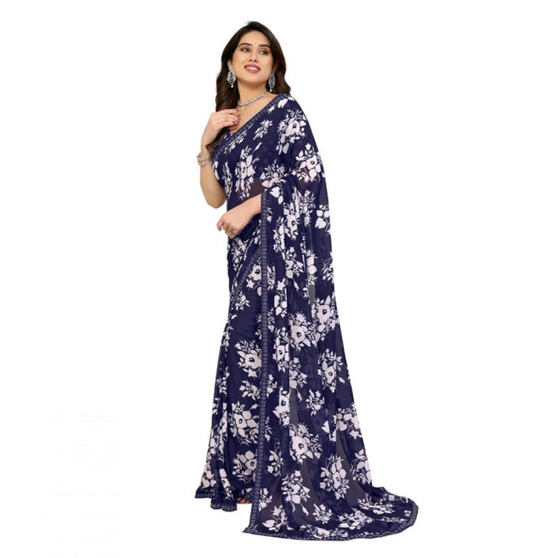 Mayawye Women's Georgette Printed Saree With Unstitched Blouse 5.5Mtr (Navy Blue)