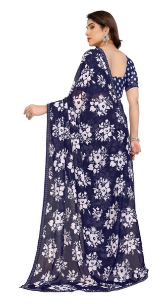 Mayawye Women's Georgette Printed Saree With Unstitched Blouse 5.5Mtr (Navy Blue)