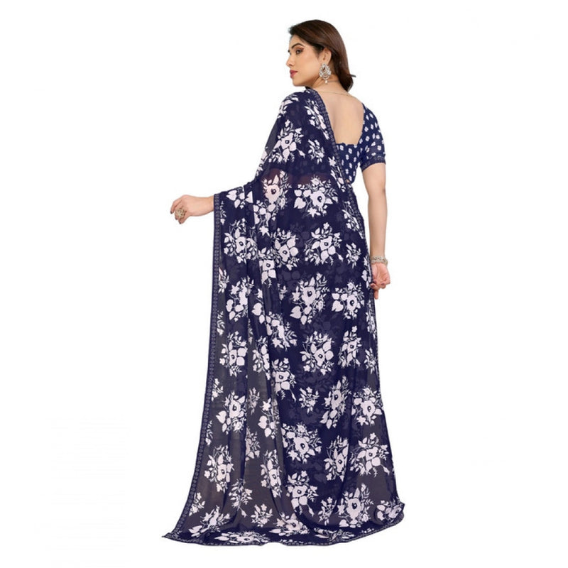 Mayawye Women's Georgette Printed Saree With Unstitched Blouse 5.5Mtr (Navy Blue)