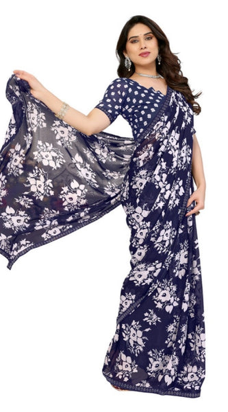 Mayawye Women's Georgette Printed Saree With Unstitched Blouse 5.5Mtr (Navy Blue)