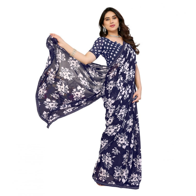 Mayawye Women's Georgette Printed Saree With Unstitched Blouse 5.5Mtr (Navy Blue)