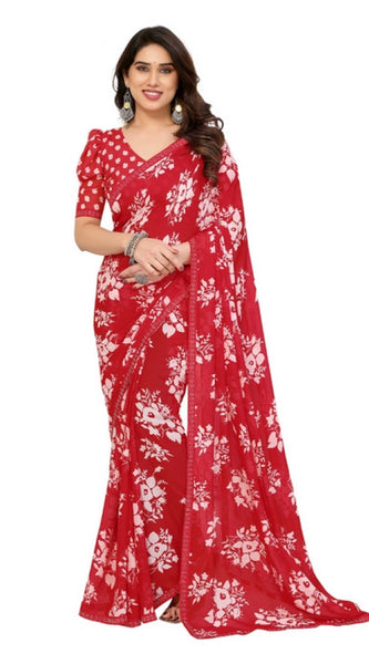 Mayawye Women's Georgette Printed Saree With Unstitched Blouse 5.5Mtr (Red)