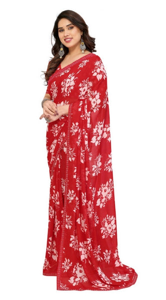 Mayawye Women's Georgette Printed Saree With Unstitched Blouse 5.5Mtr (Red)