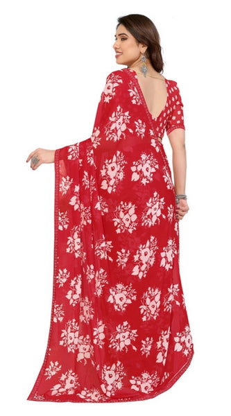 Mayawye Women's Georgette Printed Saree With Unstitched Blouse 5.5Mtr (Red)