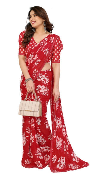 Mayawye Women's Georgette Printed Saree With Unstitched Blouse 5.5Mtr (Red)