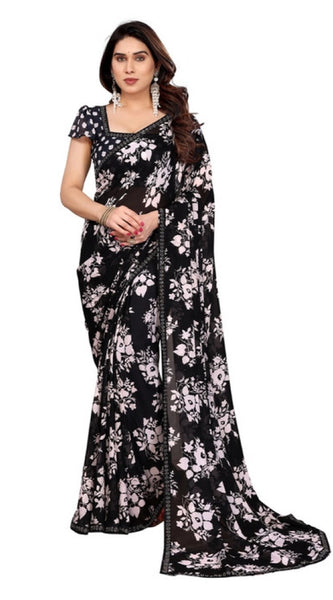 Mayawye Women's Georgette Printed Saree With Unstitched Blouse 5.5Mtr (Black)
