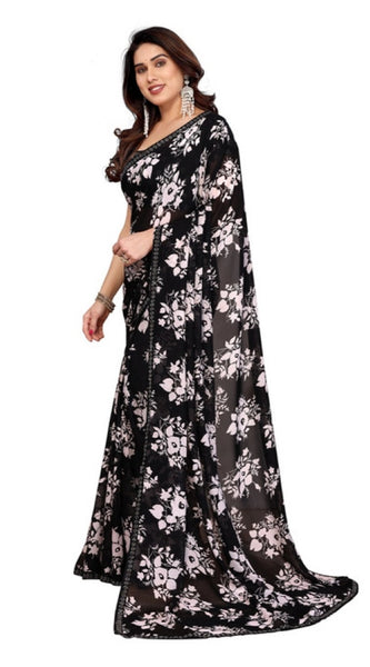 Mayawye Women's Georgette Printed Saree With Unstitched Blouse 5.5Mtr (Black)