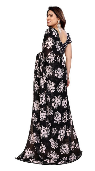 Mayawye Women's Georgette Printed Saree With Unstitched Blouse 5.5Mtr (Black)