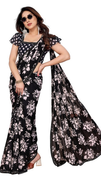 Mayawye Women's Georgette Printed Saree With Unstitched Blouse 5.5Mtr (Black)