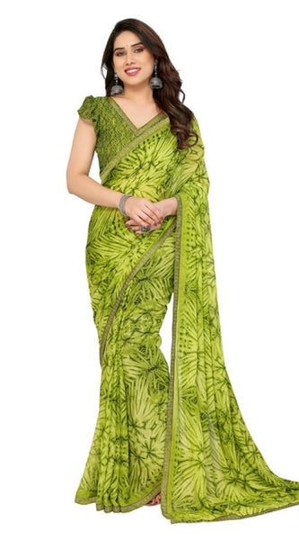 Mayawye Women's Georgette Printed Saree With Unstitched Blouse 5.5Mtr (Mehendi Green)