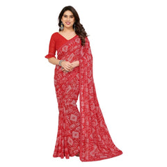 Mayawye Women's Georgette Printed Saree With Unstitched Blouse 5.5Mtr (Red)