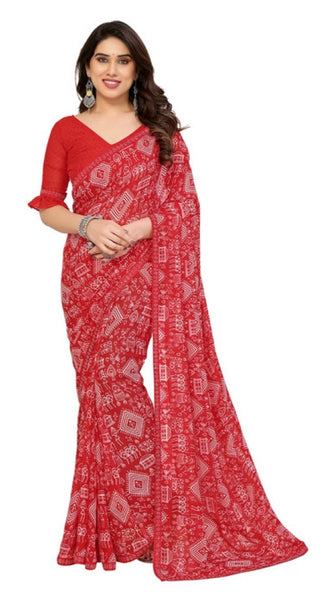 Mayawye Women's Georgette Printed Saree With Unstitched Blouse 5.5Mtr (Red)