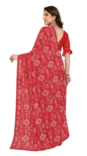 Mayawye Women's Georgette Printed Saree With Unstitched Blouse 5.5Mtr (Red)