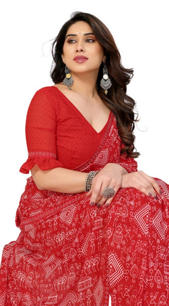 Mayawye Women's Georgette Printed Saree With Unstitched Blouse 5.5Mtr (Red)