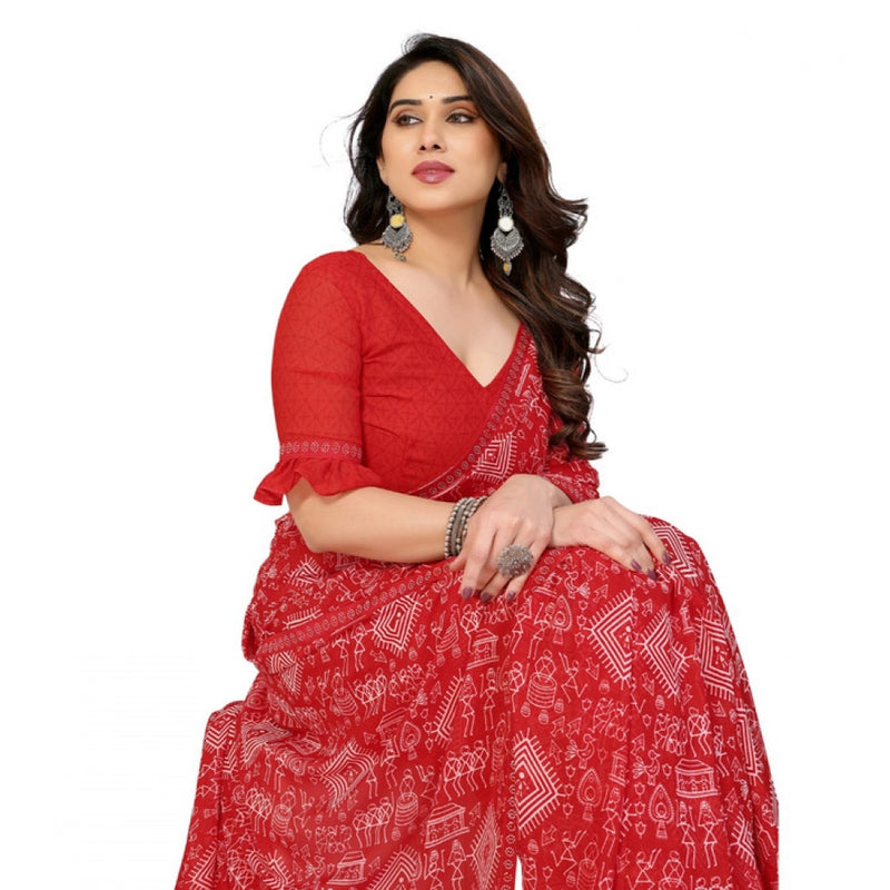 Mayawye Women's Georgette Printed Saree With Unstitched Blouse 5.5Mtr (Red)