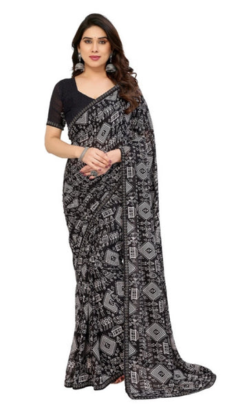 Mayawye Women's Georgette Printed Saree With Unstitched Blouse 5.5Mtr (Black)