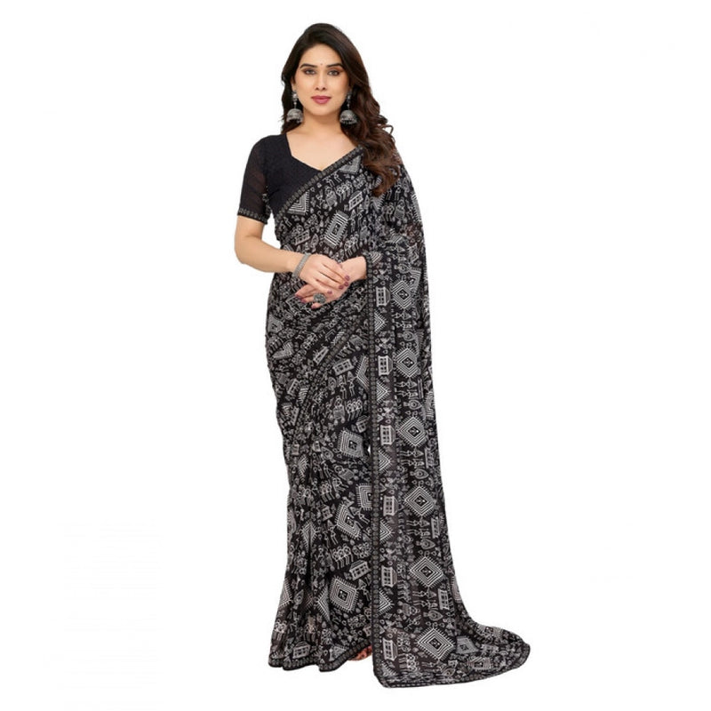 Mayawye Women's Georgette Printed Saree With Unstitched Blouse 5.5Mtr (Black)