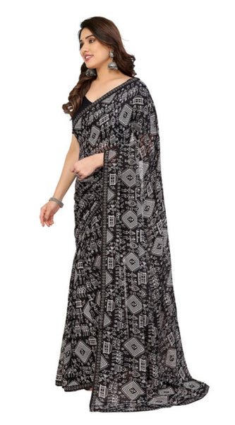 Mayawye Women's Georgette Printed Saree With Unstitched Blouse 5.5Mtr (Black)