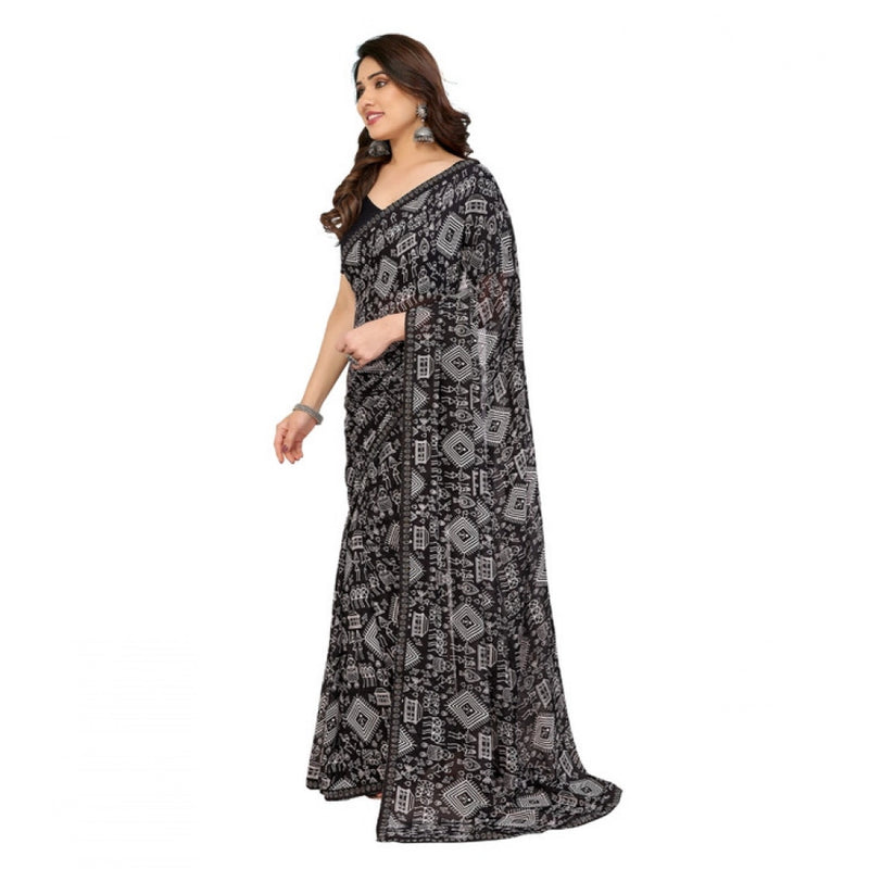 Mayawye Women's Georgette Printed Saree With Unstitched Blouse 5.5Mtr (Black)