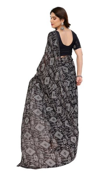 Mayawye Women's Georgette Printed Saree With Unstitched Blouse 5.5Mtr (Black)