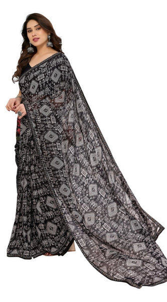 Mayawye Women's Georgette Printed Saree With Unstitched Blouse 5.5Mtr (Black)