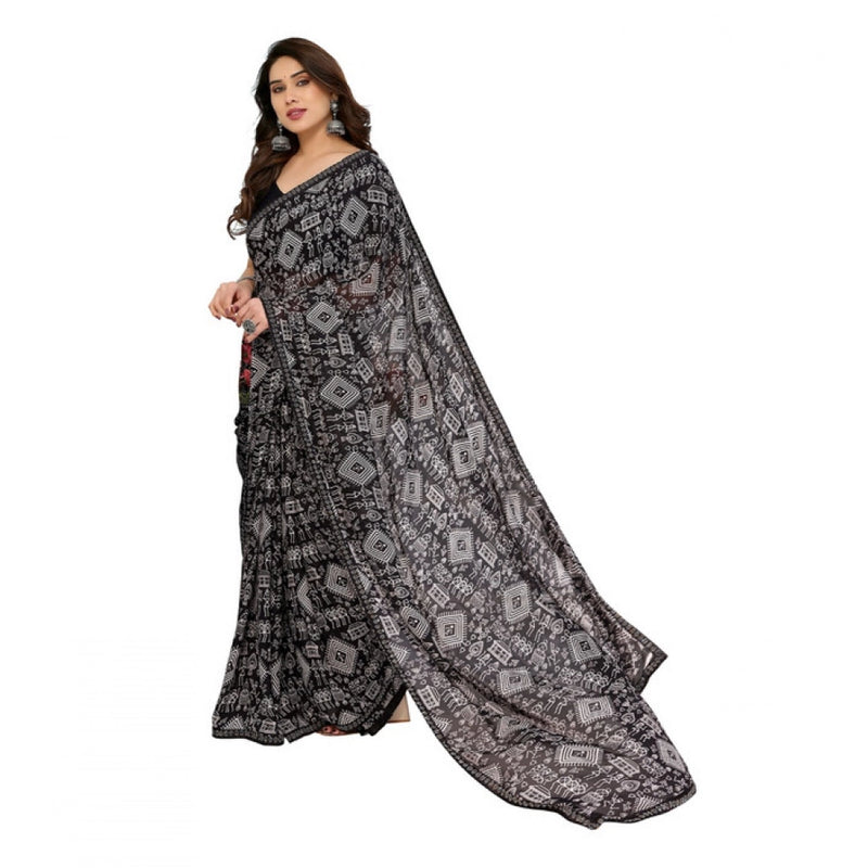 Mayawye Women's Georgette Printed Saree With Unstitched Blouse 5.5Mtr (Black)
