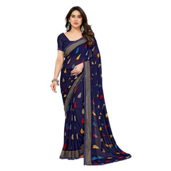 Mayawye Women's Georgette Printed Saree With Unstitched Blouse 5.5Mtr (Navy Blue)