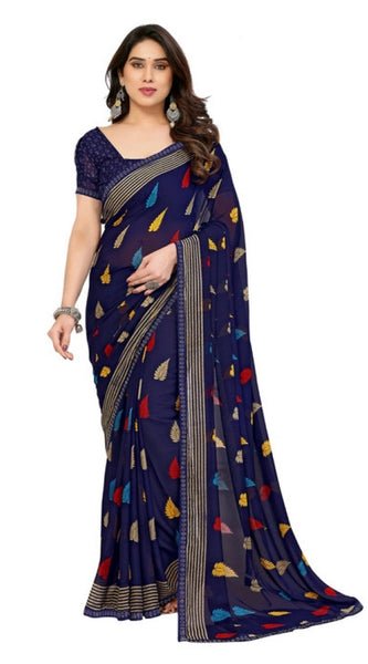 Mayawye Women's Georgette Printed Saree With Unstitched Blouse 5.5Mtr (Navy Blue)