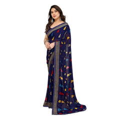 Mayawye Women's Georgette Printed Saree With Unstitched Blouse 5.5Mtr (Navy Blue)